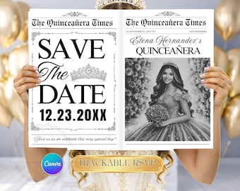 Modèle de journal « Save the Date » Quinceañera, faire-part photo Sweet 15, invitation de coing, invitation de journal modifiable avec RSVP traçable