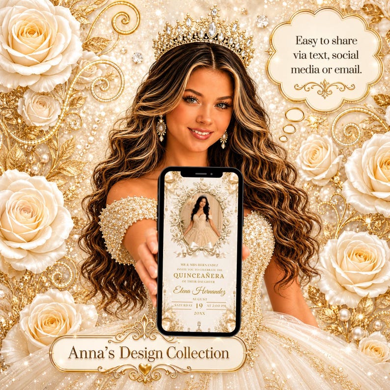 Luxury Champagne Quinceañera Website Template, Gold Ribbon Sweet 16 15 Invitation, Editable Canva RSVP Birthday Invite with Trackable RSVP