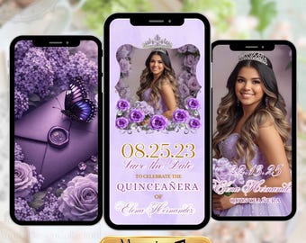 Save the Date Quinceañera Video Invitation Sweet 15 | Lilac Purple Animated Invite | Mis Quince Años Digital Template with Music Editable