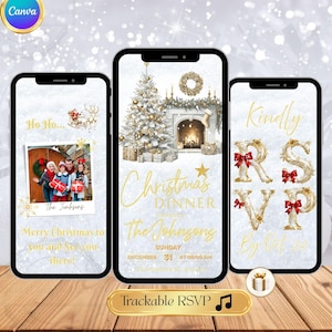 Puede incluir: Tres smartphones que muestran invitaciones navideñas. El teléfono central muestra un árbol de Navidad y una chimenea, mientras que el teléfono de la izquierda tiene una foto familiar. El teléfono de la derecha muestra los detalles de RSVP. Todos los teléfonos tienen un esquema de color dorado y blanco.