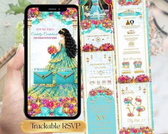 Arabian Night Quinceañera Invitation Website, Turquoise Gold Sweet 15 Invite, Editable Canva Template, RSVP Link, Bilingual Spanish English