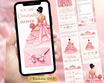 Quinceañera Digital Invitation Sweet 16  – Pink Roses 15 Años RSVP Website – Editable Canva Template Custom Birthday Trackable RSVP