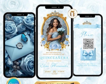 Modèle d'anniversaire modifiable vidéo bleu clair d'invitation de Quinceanera Invitation de Quinceanera numérique pour Sweet 15 & 16 ans Invitation numérique avec suivi RSVP