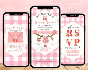 Modèle d'Invitation pour baby shower aux fraises, faire-part numérique pour baby shower rose doux et baies avec suivi RSVP, téléchargement numérique