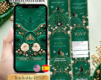Emerald Green Quinceañera Digital Invitation Website | Gold Sweet 16 and 15 Invite, Editable Template Bilingual Spanish & English with RSVP