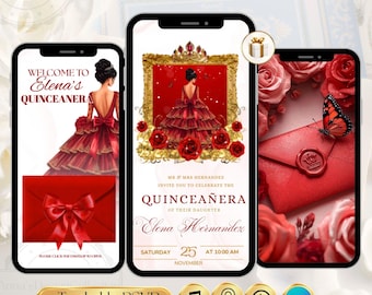 Quinceañera Digital Invitation | Red Roses Sweet 15-16 Invite | Editable Online Evite with RSVP, Video Invite, TRackable RSVP, Countdown