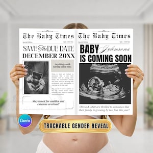 May include: A newspaper-style announcement with the headline "The Baby Times" and the text "Baby is Coming Soon." The announcement includes an ultrasound image and the text "Trackable Gender Reveal."