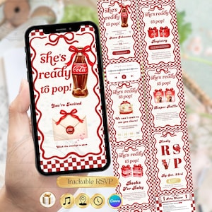 May include: A digital baby shower invitation on a smartphone, featuring a red and white checkered design. The invitation includes the text "she's ready to pop!" and a Coca-Cola bottle graphic. Additional cards detail registry and RSVP information.