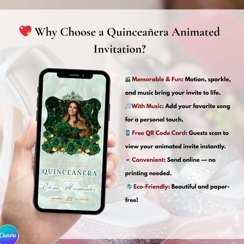 Emerald Green Quinceanera Invitation Video Editable Template Digital Quinceanera Invite for Sweet 15 & 16 Digital InviteTrackable RSVP