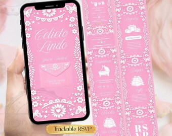 Cielito Lindo Girl Baby Shower Invitation Website , Mexican Baby Shower Invite, Pink Papel Picado Invitation, Editable Canva Template RSVP