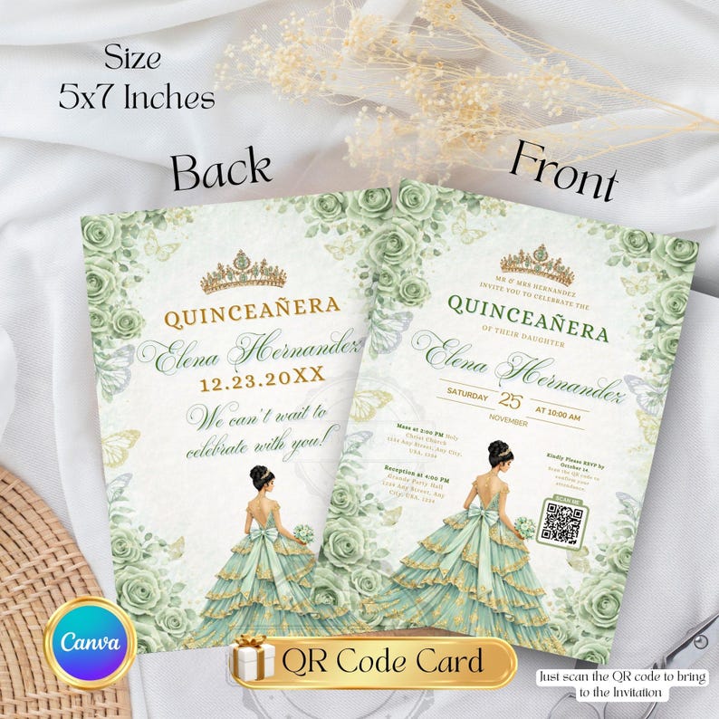 Sage Green Quinceanera Digital Invitation, Editable Template for 15th Birthday, Instant Download Floral Design Sweet 15 Invite RSVP Online