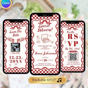 May include: Three smartphone screens displaying baby shower invitations with a pizza theme. The invitations feature red and white checkered borders, bow accents, and text such as "Save the Date" and "RSVP". One includes a sonogram image.