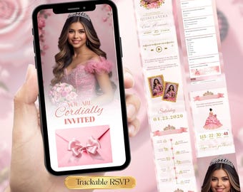 Quinceañera Digital Invitation Sweet 16  – Pink Roses 15 Años RSVP Website – Editable Canva Template Custom Birthday Trackable RSVP