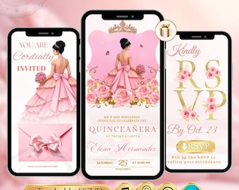 Quinceañera Digital Invitation Sweet 16  – Pink Roses 15 Años RSVP Website – Editable Canva Template Custom Birthday Trackable RSVP