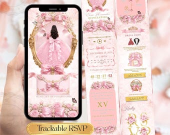 Pink Quinceañera Invitation Website, Blush Sweet 15 Mis Quince Años Digital Invite, Editable Canva Template, Online Invite Trackable RSVP