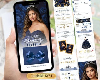 Navy Blue Quinceañera Invitation Website + RSVP Tracker & Music | Sweet 16 Digital Online Invite | Editable Canva Template