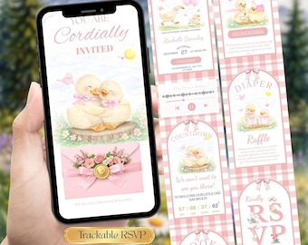 Silly Goose Baby Shower Invitation Website Template, Pink Baby Girl Invite, Digital Canva Editable template with Trackable RSVP & Countdown