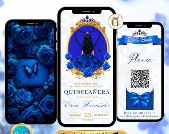 Royal Blue Quinceañera Video Invitation, Trackable RSVP QR Code, Editable Roses Canva Template, Sweet 15, 16, 18 Video Birthday Invitation