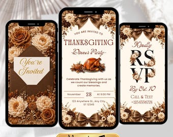 Brown & Ivory Thanksgiving and Friendsgiving Invitation Evite, Editable Digital Dinner Invite, Cozy Fall Friendsgiving Party Video Template