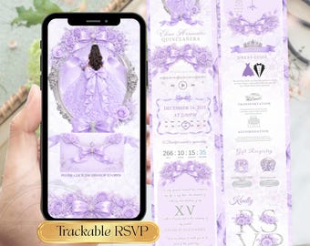 May include: A digital Quinceañera invitation in lavender, with floral and bow details. The design includes event information, RSVP details, and the text "Trackable RSVP". The invitation is shown on a smartphone, with the date December 24, 2025.