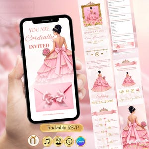 Puede incluir: Un teléfono inteligente muestra un diseño de invitación de quinceañera rosa. El diseño presenta un dibujo de una mujer con un vestido rosa, con el texto "You are cordially invited". Elementos de diseño adicionales incluyen un sobre rosa y detalles de RSVP.