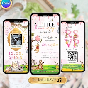Invitación para baby shower de Winnie the Pooh rosa / Invitación digital animada con temática de miel y ositos de peluche / Invitación digital editable en Canva con código QR de confirmación de asistencia rastreable