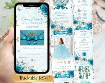 Conquette Turquoise Teal Quinceañera Invitation Website, Turquoise Roses Mis Quince Años Digital Invite, Editable Sweet 15 Trackable RSVP