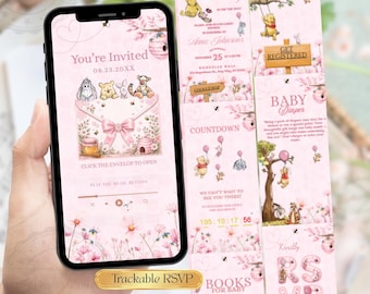 Pink Winnie the Pooh Inspired Baby Shower Invitation Website | Girl Baby Shower Editable Template invite, Little Honey with Trackable RSVP