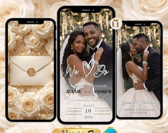 Réservez le modèle vidéo date, faire-part de mariage roses blanc crème, invitation sur toile animée élégante, faire-part de mariage numérique modifiable
