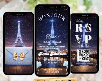 Paris Baby Shower Invitation Video, Bonjour Baby Boy Animated Evite, Eiffel Tower Baby Shower Editable Canva Template with Trackable RSVP