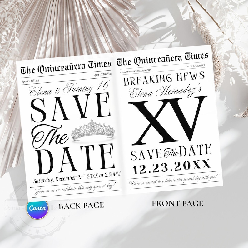 May include: Two-page invitation designed as a newspaper, "The Quincea&ntilde;era Times." The front page announces "Breaking News" and "Elena Hernandez's XV." The back page says "Elena is Turning 16" with "Save the Date" and event details. Black and white design.