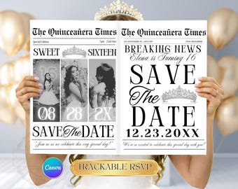 Quinceanera Save The Date Newspaper | Canva Template | Quinceañera invitation | Quince Photoshoot Newspaper | Sweet 15 Newspaper Invite RSVP