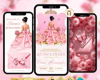 Digitale Quinceaña-Einladung Sweet 16-Website mit bearbeitbarem eingebettetem Antwort-Tracker-Countdown, 15