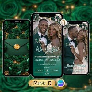 May include: Three smartphones display wedding invitation designs. The central phone shows a couple with the text "We Do" and wedding details. The left phone features an envelope design with a gold seal, and the right phone shows the couple kissing. The background is emerald green roses.