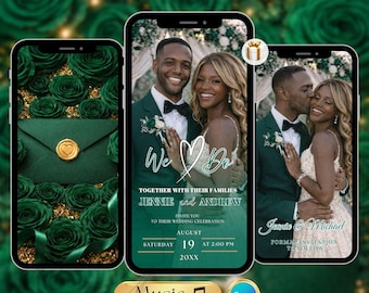 Emerald Green Animated Wedding Invitation Video Template, Editable Canva Save the Date, Elegant Emerald Roses Wedding Digital Invite