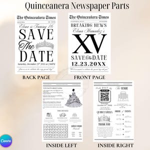 May include: A set of Quincea&ntilde;era newspaper parts with a black and white design. The front page reads "BREAKING NEWS" and "SAVE THE DATE". The back page says "SAVE THE DATE" with the name "Elena". Inside pages include event details and a QR code.