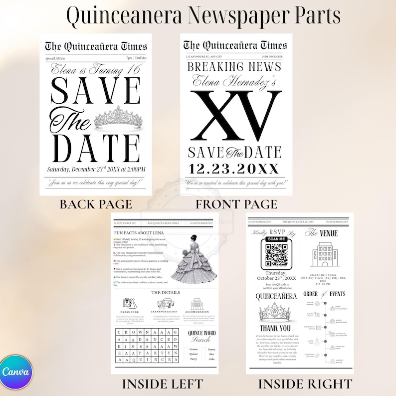May include: A set of Quincea&ntilde;era newspaper parts with a black and white design. The front page reads "BREAKING NEWS" and "SAVE THE DATE". The back page says "SAVE THE DATE" with the name "Elena". Inside pages include event details and a QR code.