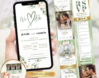 Sage Green Digital Wedding Invitation Website with Trackable RSVP, Animated Invite, QR Code Card 7x5, Editable Modern Wedding Template