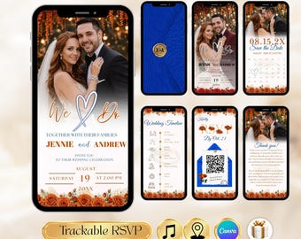 Royalblaue Rosen-Hochzeitseinladung, bearbeitbare Canva-Vorlage, elegante digitale Einladung, romantischer moderner Hochzeits-RSVP-Tracker
