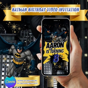 May include: A digital video invitation for a birthday party featuring a cartoon image of Batman flying over a cityscape. The text on the invitation reads "AARON IS TURNING 8".