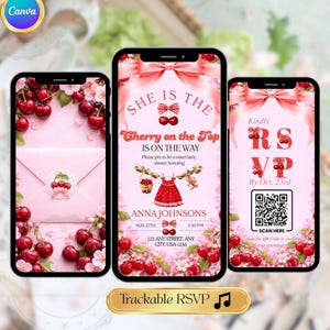 May include: Pink baby shower invitations displayed on smartphones. The design features cherries, bows, and the text "She is the Cherry on the Top." Includes RSVP information and a QR code for attendance confirmation.
