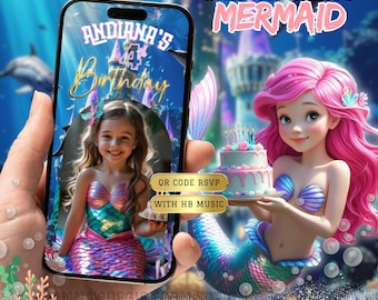 Mermaid Digital Video Invitation, Trackable RSVP QR Code, Birthday Music, Kids Party Invite, Digital Invitation