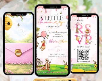 Winnie the Pooh Baby Girl Shower Invitation Animated | Pink Teddy Bear Honey Evite  | Editable Canva Digital Invite with RSVP QR Code