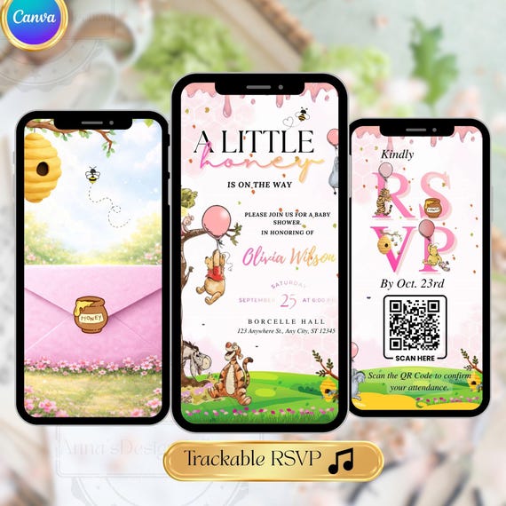 Winnie the Pooh Baby Girl Shower Invitation Animated | Pink Teddy Bear Honey Evite  | Editable Canva Digital Invite with RSVP QR Code