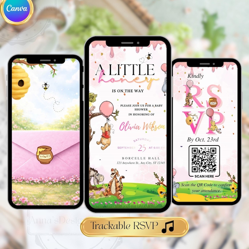Winnie the Pooh Baby Girl Shower Invitation Animated | Pink Teddy Bear Honey Evite  | Editable Canva Digital Invite with RSVP QR Code