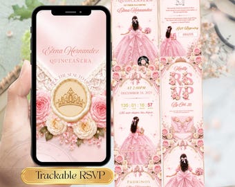Pink Princess Quinceañera Invitation Website | Pink Ivory Florals Sweet 15 & 16 Birthday Party Invite, Mis Quince Anos  Canva Template RSVP