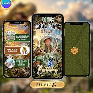 Puede incluir: Un conjunto de invitaciones digitales para una fiesta de cumpleaños con temática de dinosaurios en tres teléfonos inteligentes. Las pantallas muestran un paisaje de selva, un marco de fotos circular y texto que incluye JOIN US DINO'S PARTY.
