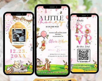 Pink Winnie the Pooh Baby Shower Invitation | Animated Teddy Bear Honey Evite | Editable Canva RSVP QR Code Invite