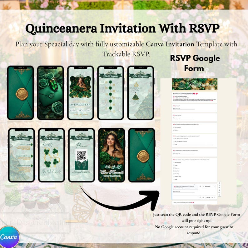 Emerald Green Quinceanera Invitation Video Editable Template Digital Quinceanera Invite for Sweet 15 & 16 Digital InviteTrackable RSVP