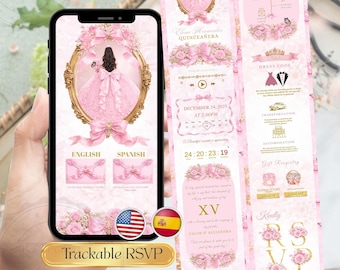 Plantilla de confirmación de asistencia para invitación de quinceañera con diseño de chicle rosa, sitio web de invitación para quinceañera rosa, invitación en línea para quinceañera, bilingüe español e inglés.